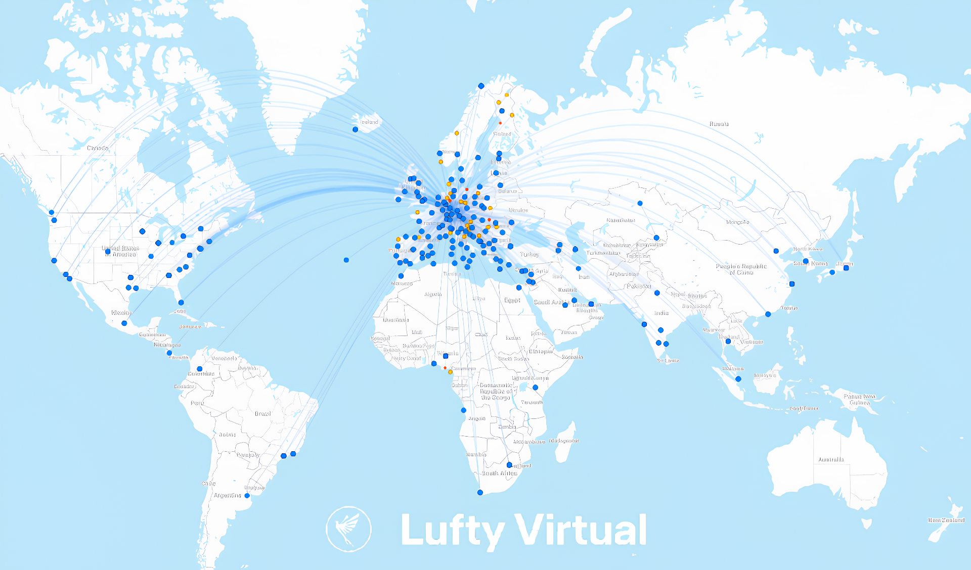 Lufty Virtual global route map showing connections across six continents